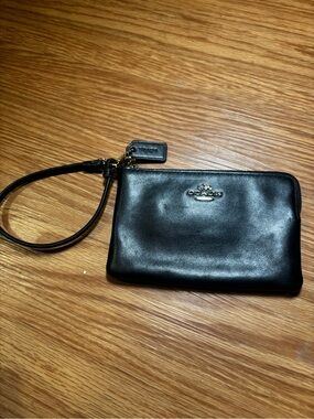 Coach Black Leather Zip Wristlet with Gold Hardware